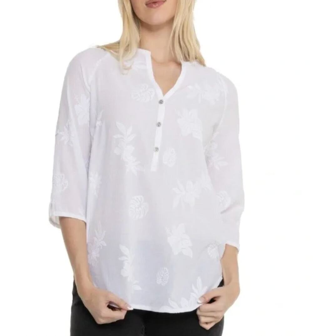 ROYAL ROBBINS Women's Oasis Tunic II Top Small White Embroidered 3/4 Sleeve NWT